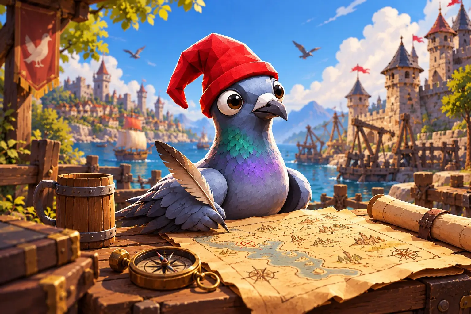 The pigeon at a wooden desk, drawing a map with a quill